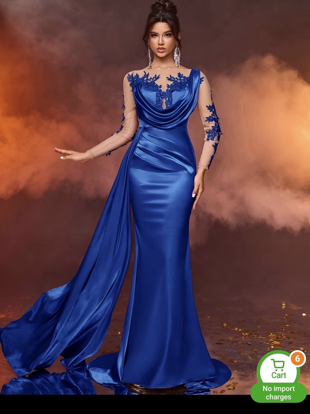Satin Cowl-Neck Maxi Gown in Royal Blue with Sheer Lace Sleeves